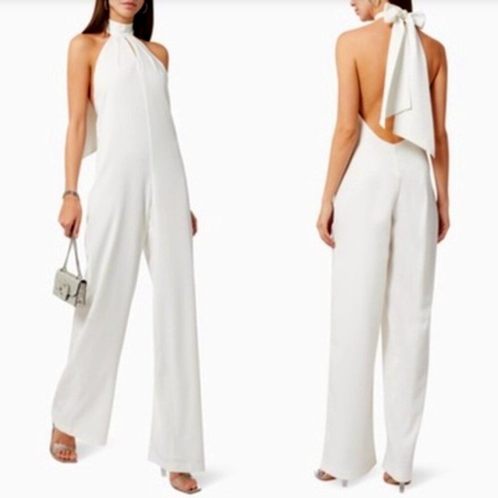 DE LA VALI Showbiz Halterneck White Crepe Jumpsuit Size 8 NWoT